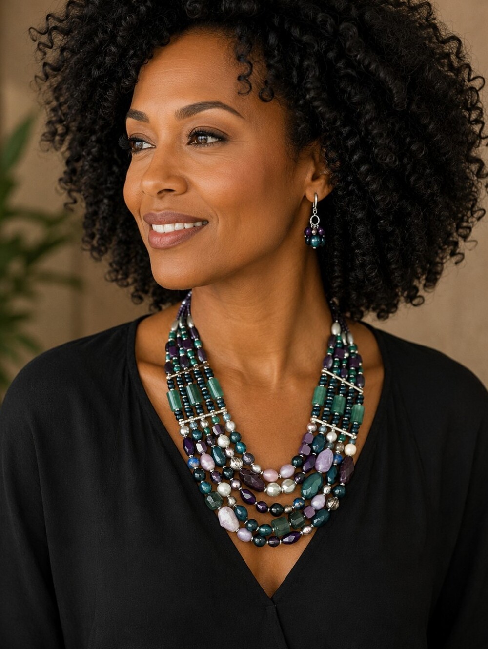 Chico's Green and Purple Multi-Strand Beaded Necklace and Earring Set